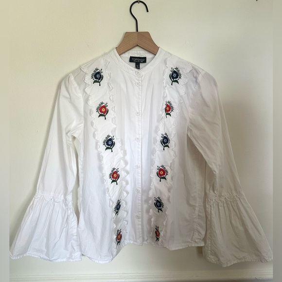 Topshop Embroidered Scallop Floral Bell Sleeve Top size 4 - Picture 1 of 7
